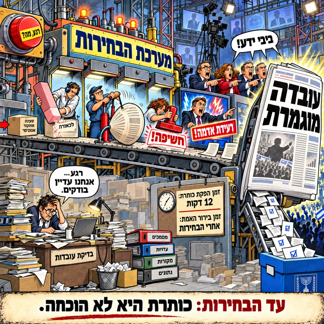 קריקטורה: מפעל בשם 'מערכת הבחירות'. על פס ייצור נעה 'טענה ממקור אנונימי': פועל מוחק במחק ענק את ה'לכאורה', פועל אחר מנפח אותה במשאבה ופועלת מטביעה עליה 'חשיפה!'. במסך טלוויזיה דמות צועקת לצד הכותרת 'רעידת אדמה!', ופרשנים מצביעים וצועקים 'ביבי ידע!'. בסוף הפס יוצא עיתון ענק עם הכותרת 'עובדה מוגמרת', וממנו גולשים פתקי הצבעה אל קלפי עם סמל המדינה. בפינה, בודק עובדות מותש ליד קלסרים ('מסמכים', 'עדויות', 'מקורות', 'נתונים') אומר 'רגע… אנחנו עדיין בודקים.' שלט על הקיר: 'זמן הפקת כותרת: 12 דקות. זמן בירור האמת: אחרי הבחירות.' כיתוב תחתון: 'עד הבחירות: כותרת היא לא הוכחה.'
