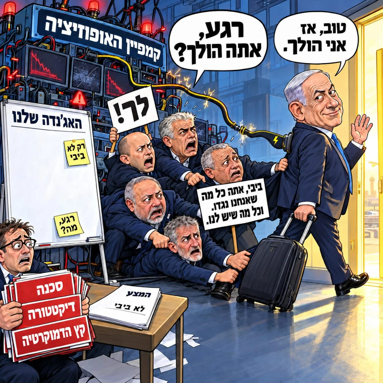 קריקטורה: בנימין נתניהו יוצא בחיוך עם מזוודה דרך דלת מוארת ואומר 'טוב, אז אני הולך.' קבוצת פוליטיקאים נאחזת בו ונגררת על הרצפה, צועקת 'רגע, אתה הולך?' ומחזיקה שלטים 'לך!' ו'ביבי, אתה כל מה שאנחנו נגדו. וכל מה שיש לנו.' כבל חשמל מחבר את גבו למכונה בשם 'קמפיין האופוזיציה'. על הלוח 'האג'נדה שלנו' יש רק פתק 'רק לא ביבי', ועל השולחן מסמך 'המצע: לא ביבי'. בפינה, אדם מבוהל אוחז שלטים: סכנה, דיקטטורה, קץ הדמוקרטיה.