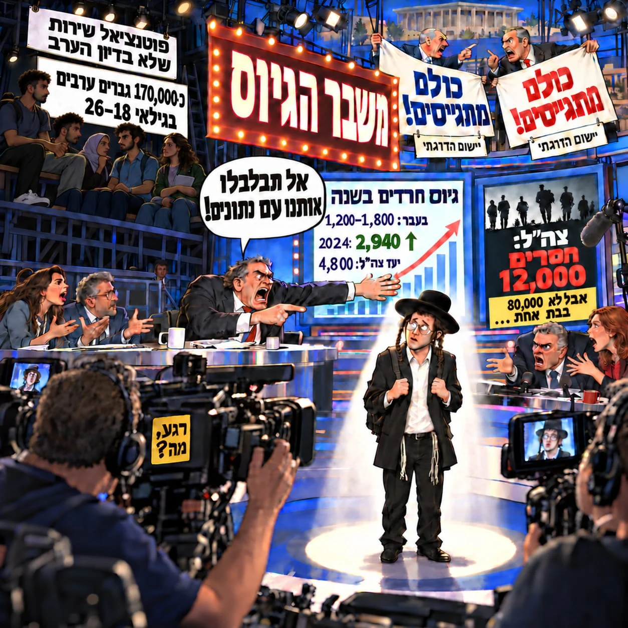 קריקטורה: אולפן טלוויזיה תחת שלט מואר 'משבר הגיוס'. פאנליסטים צועקים, ואחד מהם מצביע ואומר 'אל תבלבלו אותנו עם נתונים!'. על המסכים: 'גיוס חרדים בשנה - בעבר: 1,200–1,800; 2024: 2,940; יעד צה״ל: 4,800' ו'צה״ל: חסרים 12,000 - אבל לא 80,000 בבת אחת…'. שני פוליטיקאים מניפים כרזות 'כולם מתגייסים!' עם הכיתוב 'יישום הדרגתי'. ביציע, שלט: 'פוטנציאל שירות שלא בדיון הערב: כ־170,000 גברים ערבים בגילאי 18–26'. במרכז, בחור חרדי צעיר עומד לבד באור זרקור מול המצלמות.