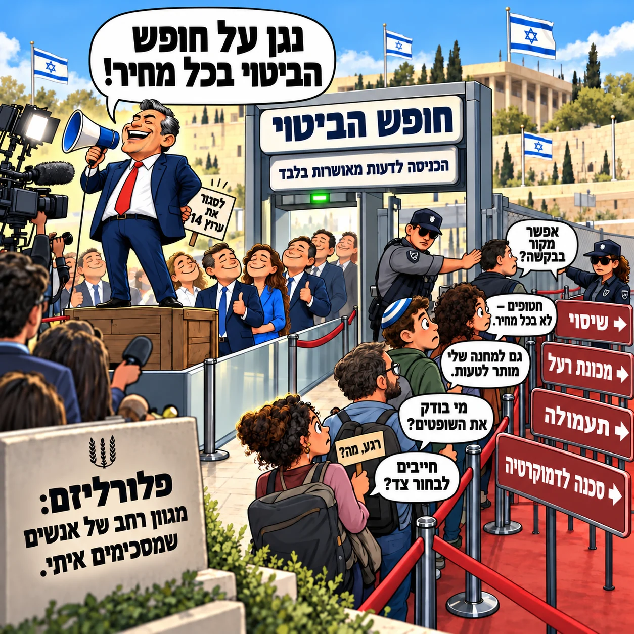 קריקטורה: שער בידוק עם השלט 'חופש הביטוי - הכניסה לדעות מאושרות בלבד'. דובר עם מגפון קורא 'נגן על חופש הביטוי בכל מחיר!' ומחזיק שלט 'לסגור את ערוץ 14', ושורת אנשים מחייכים עוברת בשער. מנגד, שוטרים מסיטים אנשים שאומרים 'אפשר מקור בבקשה?', 'חטופים - לא בכל מחיר', 'גם למחנה שלי מותר לטעות', 'מי בודק את השופטים?' ו'חייבים לבחור צד?' אל מסלול שהשלטים בו: שיסוי, מכונת רעל, תעמולה, סכנה לדמוקרטיה. על אבן בחזית: 'פלורליזם: מגוון רחב של אנשים שמסכימים איתי.'