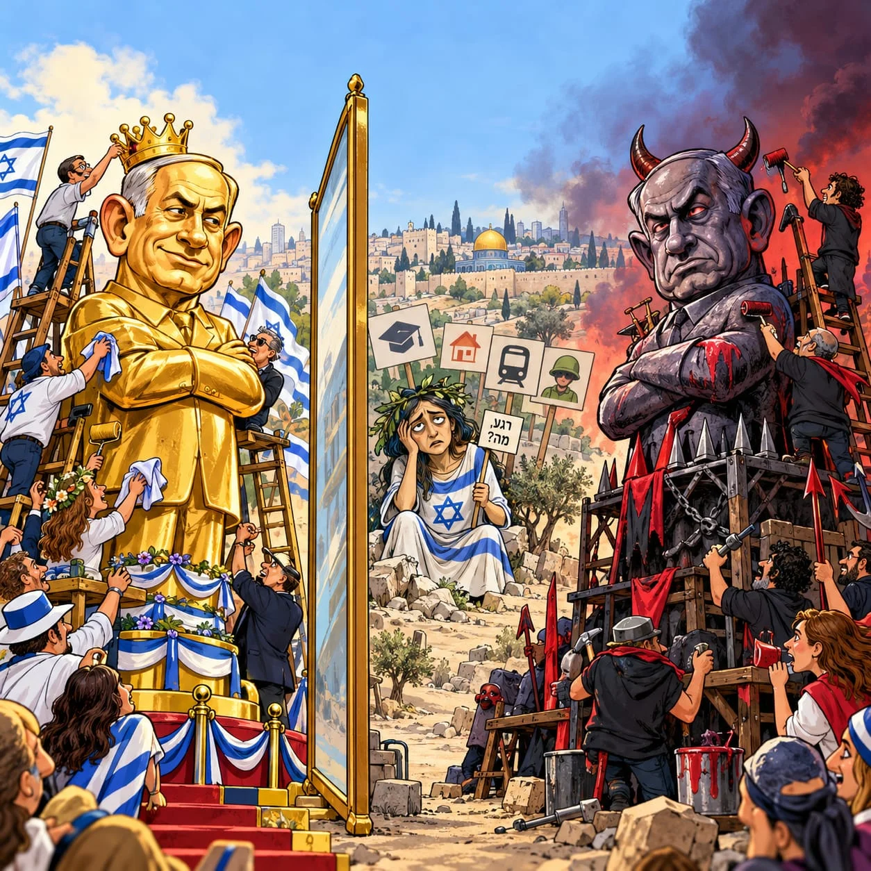 קריקטורה: שני פסלי ענק של בנימין נתניהו משני צדי מראה. בצד אחד, תומכים עם דגלי ישראל מלטשים פסל זהב עם כתר. בצד השני, מתנגדים צובעים באדום פסל אפל עם קרניים. ביניהם, על רקע ירושלים, יושבת אישה עטופה בדגל ישראל ומחזיקה שלט 'רגע, מה?', ומאחוריה שלטים של חינוך, דיור, תחבורה וצבא.