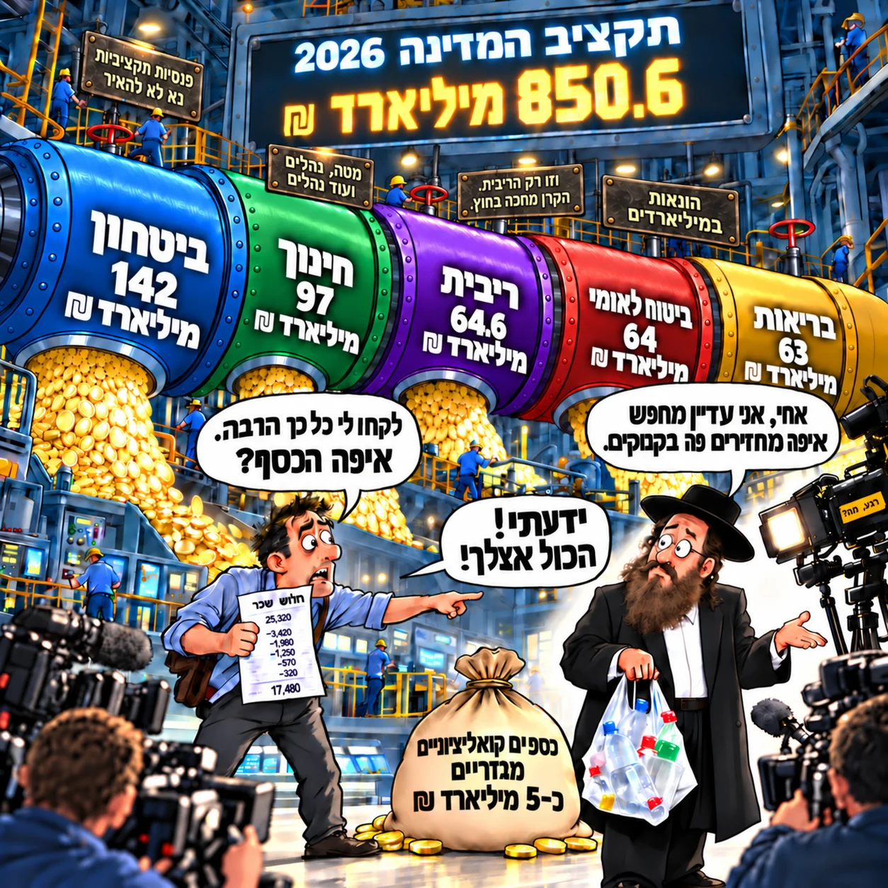 קריקטורה: מפעל עם השלט 'תקציב המדינה 2026: 850.6 מיליארד ₪' וצינורות ענק - ביטחון 142, חינוך 97, ריבית 64.6, ביטוח לאומי 64 ובריאות 63 מיליארד ₪ - שמהם נשפכים מטבעות. מעל הצינורות שלטים: 'פנסיות תקציביות - נא לא להאיר', 'מטה, נהלים ועוד נהלים', 'וזו רק הריבית. הקרן מחכה בחוץ.' ו'הונאות במיליארדים'. אדם מחזיק תלוש שכר שבו 25,320 יורדים אחרי ניכויים ל־17,480, וצועק 'לקחו לי כל כך הרבה. איפה הכסף?' ומצביע על אברך עם שקית בקבוקים: 'ידעתי! הכול אצלך!' האברך עונה: 'אחי, אני עדיין מחפש איפה מחזירים פה בקבוקים.' לרגליהם שק: 'כספים קואליציוניים מגזריים כ־5 מיליארד ₪', ומצלמות טלוויזיה מתעדות.